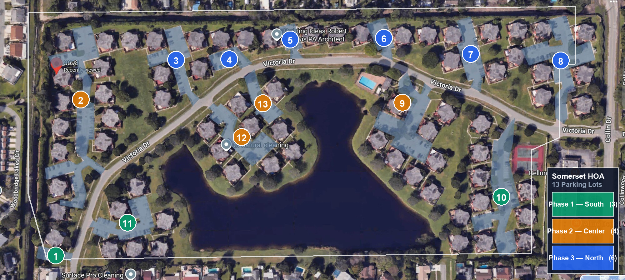Somerset HOA site map with 13 numbered parking lots